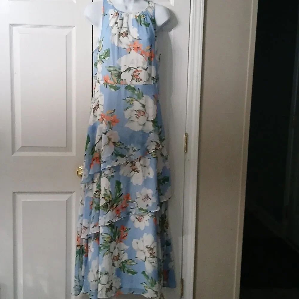 Est 1946 blue white peach sleeveless floral print layered dress Sz M EUC
